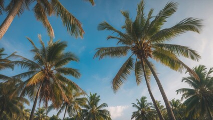 Coconut Palm Trees Under Clear Blue Sky With Space For Text In Tropical Environment