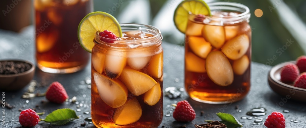Poster refreshing iced tea with citrus and berries in glass jars perfect for hot days with empty space for 