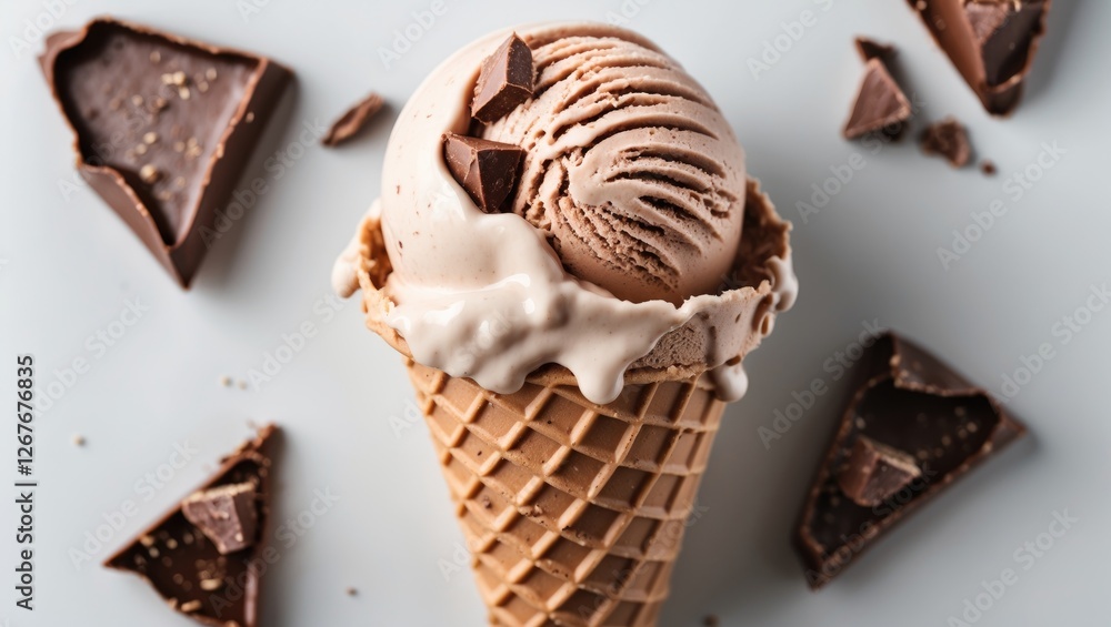 Poster chocolate ice cream cone with chunks on white background garnished with chocolate shards and drips c