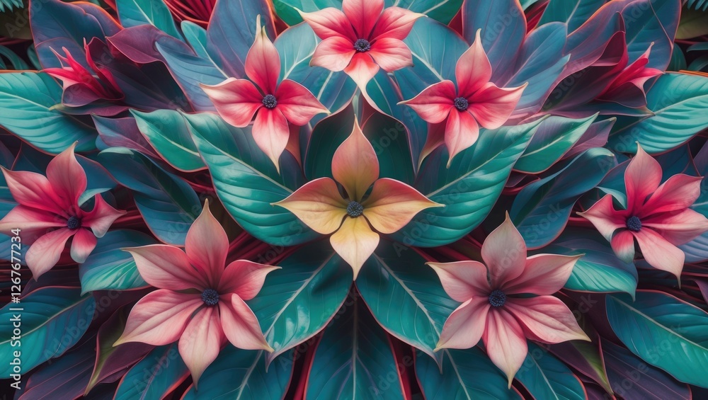 Aufkleber vibrant calathea leaves and colorful flowers creating a lush natural background ideal for text place