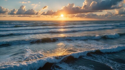 Obraz premium Serene Ocean Waves at Sunset Reflecting Clouds and Golden Light During High Tide with a Tranquil Atmosphere and Scenic Beauty