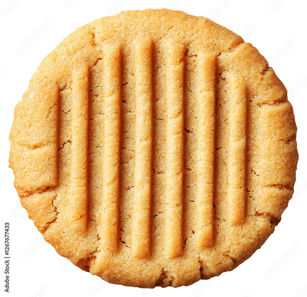 Poster close up of single round peanut butter cookie with striped design on transparent background