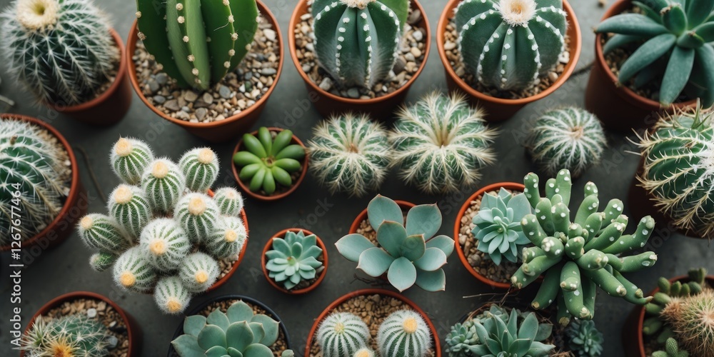 Aufkleber assorted cacti and succulents in terracotta pots with ample copy space for creative text overlay or 