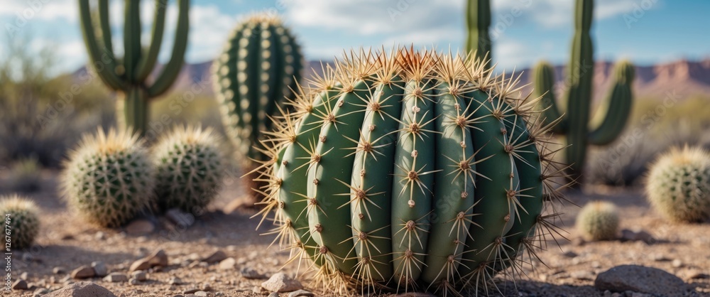 Poster desert cactus cluster with thorns in close-up featuring copy space for text ideal for nature or land