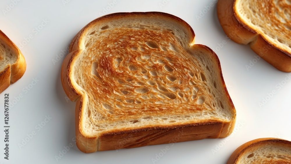 Poster toasted bread slice close-up against a white background showcasing its golden crust and texture in a