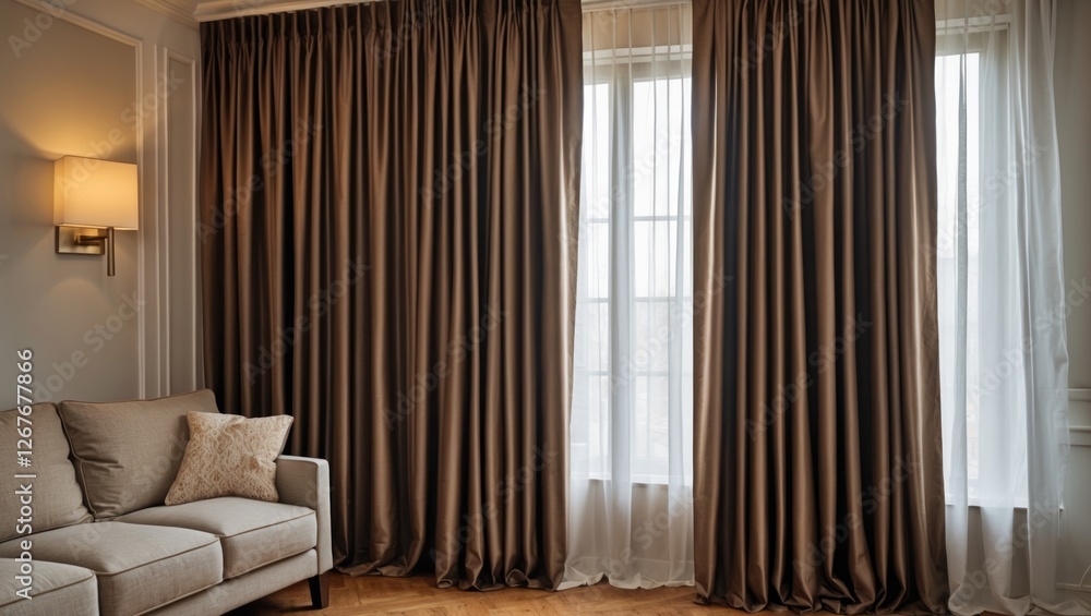 Aufkleber elegant brown curtains draping large windows in a stylish living room with a soft sofa and ambient l