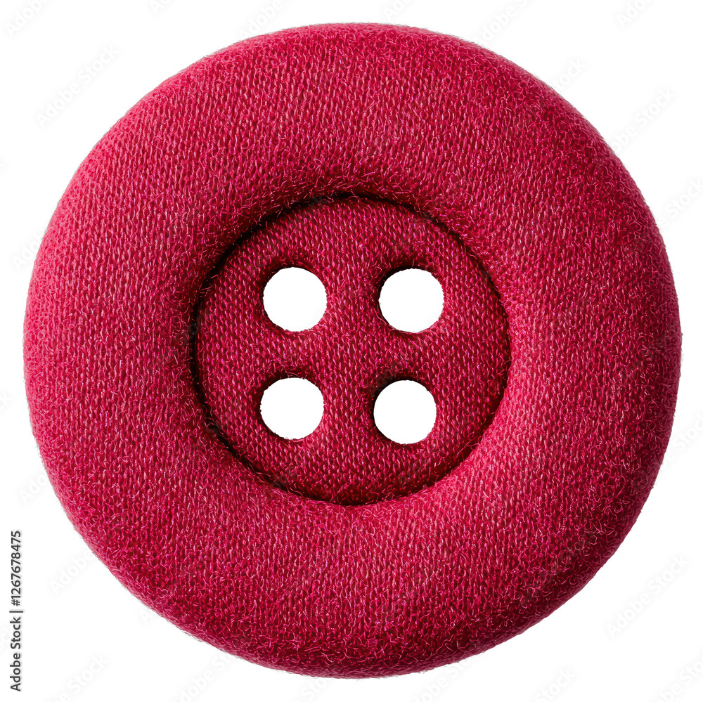 Poster close up red fabric button with four holes on a transparent background
