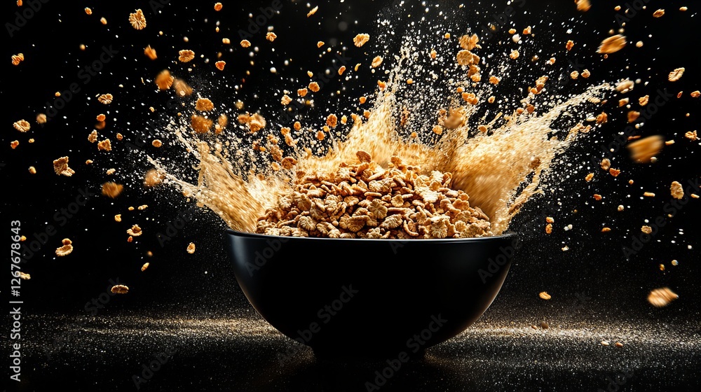 Poster cereal explosion! golden flakes splash into a dark bowl against a black background. a dynamic image 