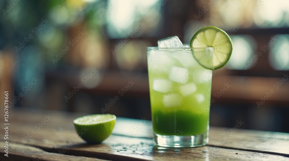 Poster refreshing lime cocktail with ice served in a glass on a wooden table with sliced lime in a relaxed 