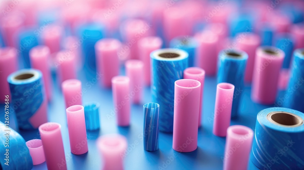 Poster colorful abstract blurred background featuring cylindrical shapes in blue and pink, creating a soft 