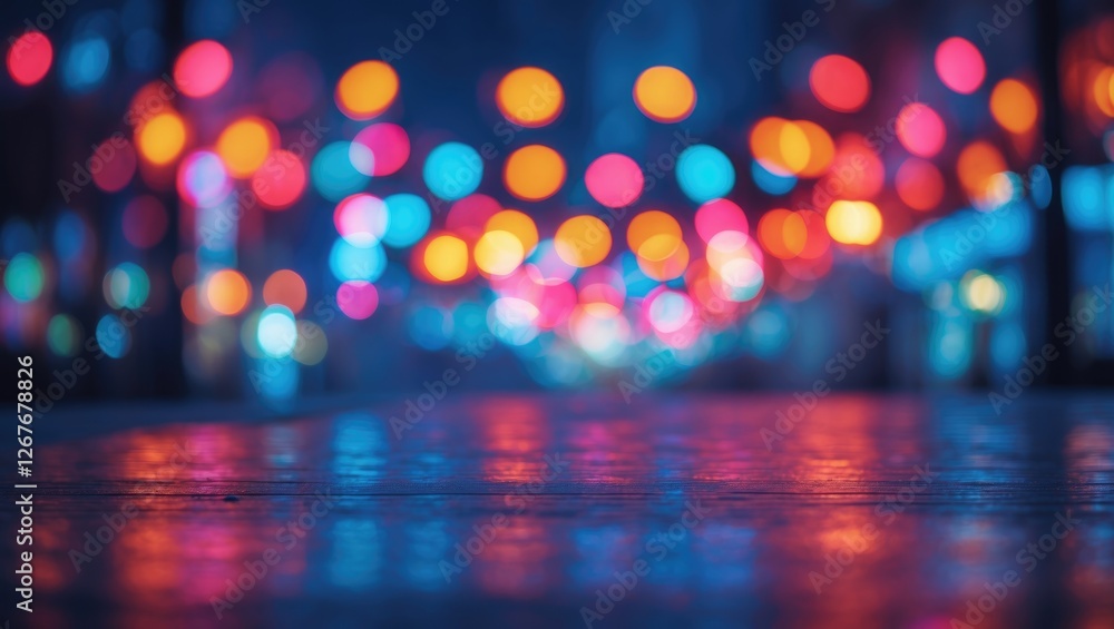Poster colorful bokeh lights at night with reflections and space for text in urban setting
