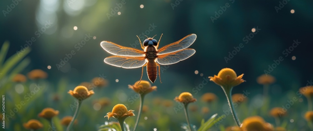Poster glowing firefly in a flower field captured with soft focus and space for text overlay