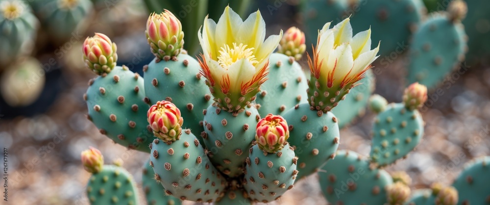 Poster fresh cactus flower buds of prickly pears displaying vibrant blossoms and unique texture with blank 