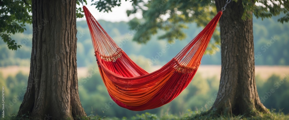 Poster vibrant red and orange hammock relaxing between two tall trees in a serene natural setting