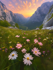 Fototapeta premium Mountain valley view with wildflowers at sunset a serene landscape.