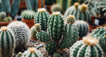 Obraz premium Variety of Cacti in a Small Garden Displaying Distinct Shapes and Textures Perfect for Plant Enthusiasts and Indoor Decor