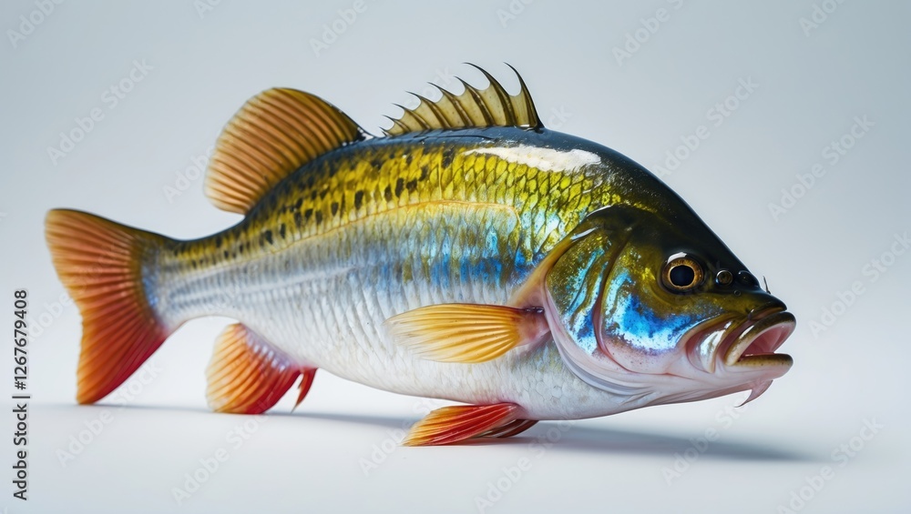 Poster bream head close-up isolated on white background with space for text highlighting the fish's vibrant