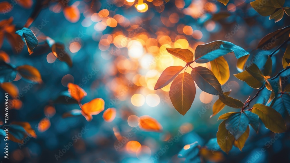 Aufkleber bokeh background with dreamy leaves creating a vibrant and enchanting atmosphere of warm colors and 
