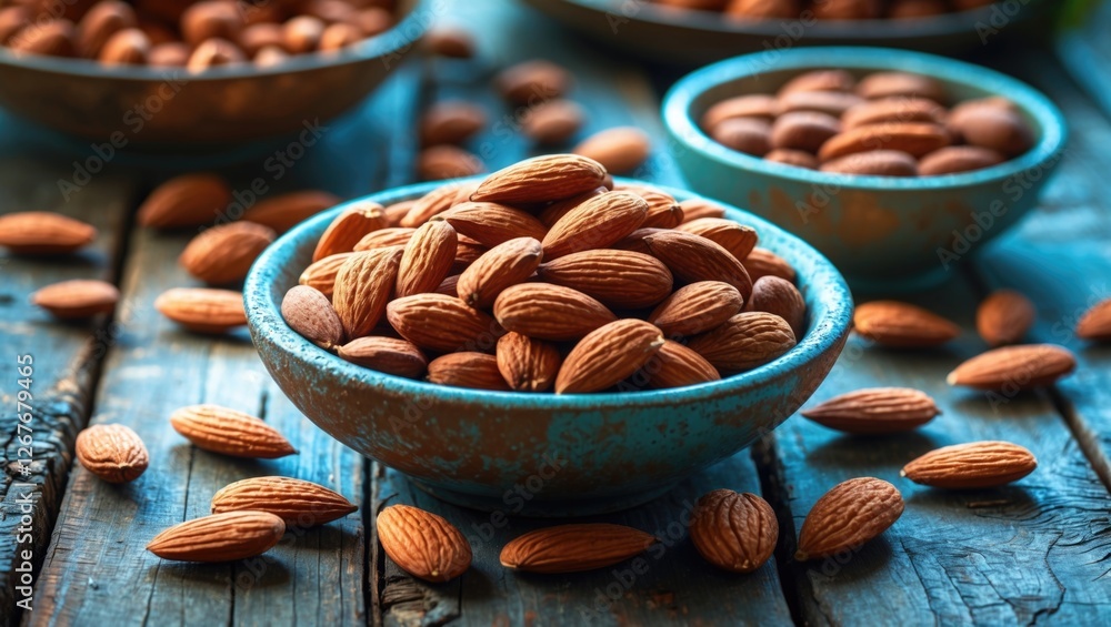 Poster bowl of fresh almonds displayed on a rustic wooden table with scattered nuts illuminated by natural 