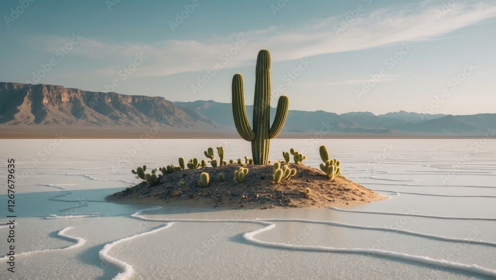 Poster cactus island surrounded by salt desert landscape with clear sky and open space for text addition