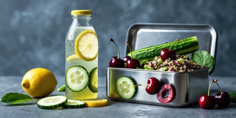 Refreshing lemonade bottle with lunchbox featuring cucumber slices, winter cherries, and quinoa salad for healthy meal prep.