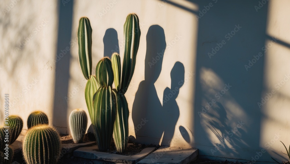 Poster cactus shadows reflected on wall under natural light with blank space for text or design layout