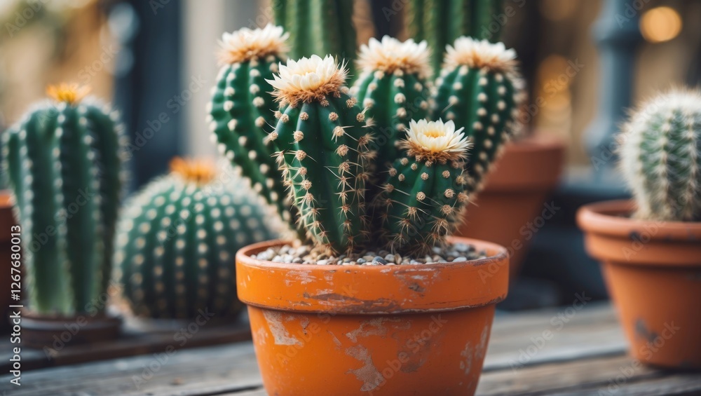 Aufkleber cactus in an orange pot with blooming flowers and lush background providing empty space for text ins