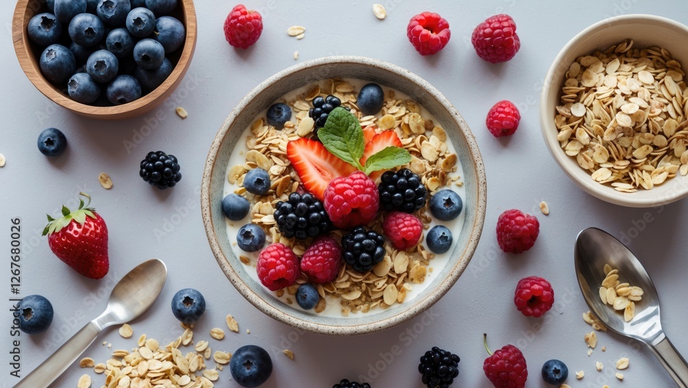 Poster healthy breakfast with muesli and fresh berries in a bowl surrounded by ingredients and empty space 