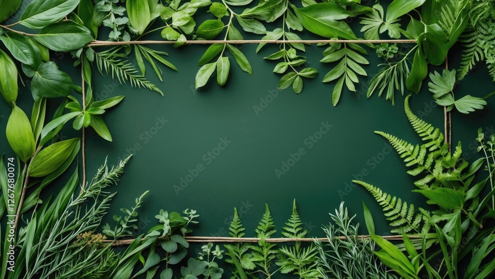 Poster lush greenery border with ferns and leaves for text space in natural setting ideal for eco-friendly 