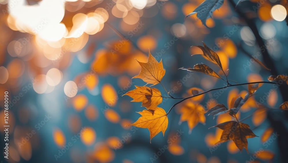 Poster golden autumn leaves with gentle bokeh in a serene evening light creating a dreamy abstract backgrou