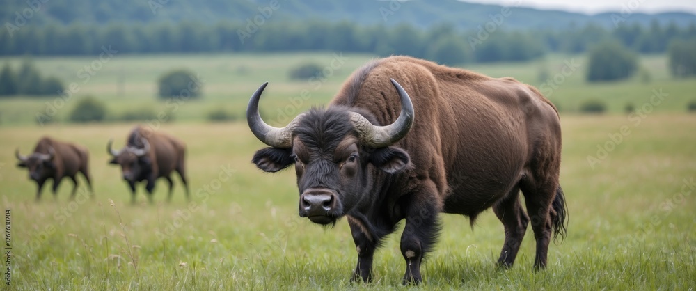 Poster buffalo grazing in lush meadow with open space for text overlay and scenic background