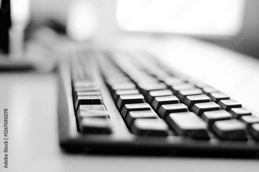 Poster black and white close up of a computer keyboard with focused keys and blurred background in a worksp