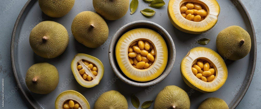 Poster boiled and sliced jackfruit seeds arranged on a plate with empty space for text highlighting their c