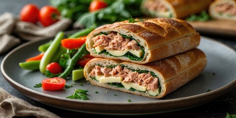 Fototapeta premium Stuffed Tuna Sandwich with Cheese and Vegetables Served on a Plate with Fresh Ingredients and Empty Space for Text or Branding