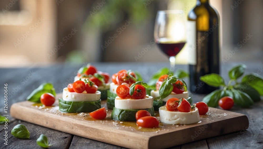 Poster elegant caprese salad with cherry tomatoes and fresh basil accompanied by red wine in a rustic setti