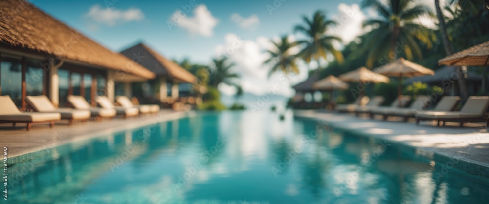 Poster tropical resort pool with blurred background and space for text in sunny paradise setting
