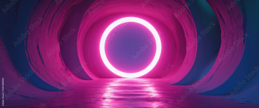 Poster colorful neon circle in abstract tunnel with reflective surface and space for text or graphics