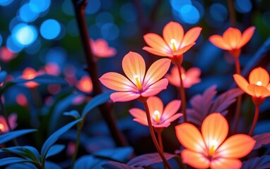 Fototapeta premium A stunning close-up of vibrant, glowing flowers in full bloom, illuminated with soft golden light.