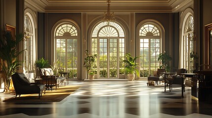 aesthetic sunlit interior with wide arched windows and oak floors image