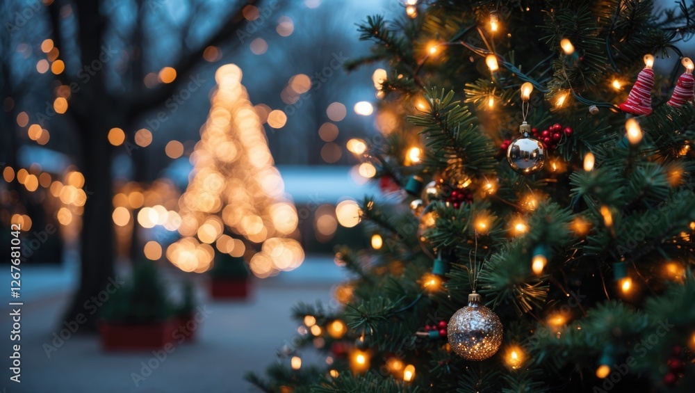 Poster bokeh effect of christmas trees adorned with sparkling lights creating a festive atmosphere in a win