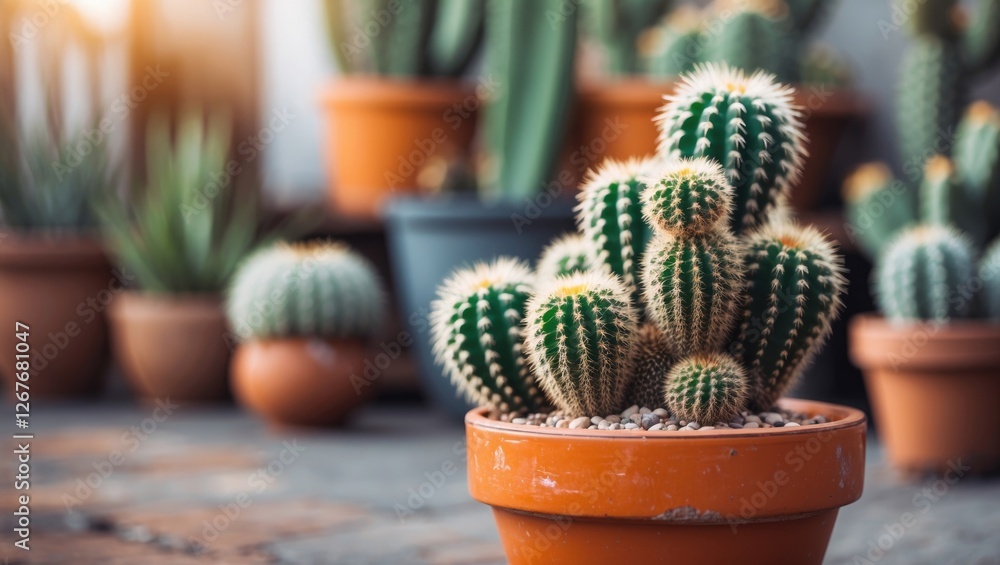 Poster cactus in orange pot with soft focus background of succulents and empty space for text in natural ou