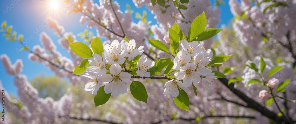 Poster lush spring blooms of linden trees bathed in sunshine with soft focus for text overlay and serene ba