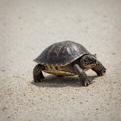 Obraz premium A baby turtle walking toward the viewer, shell details crisp, clear white background.