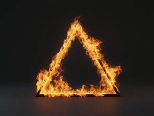 Burning Geometry: The sharp, geometric shape of a black triangle is overwhelmed by wild flames, dancing against a pitch-black background. 