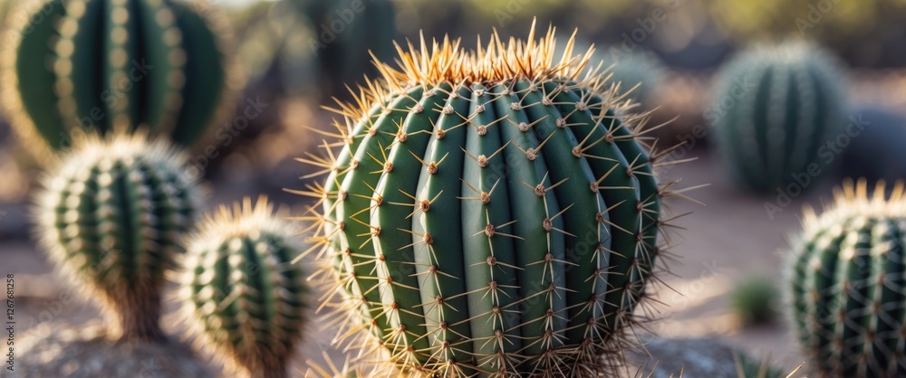 Aufkleber vibrant close-up of a round thorny cactus in the desert with a blurred background providing space fo