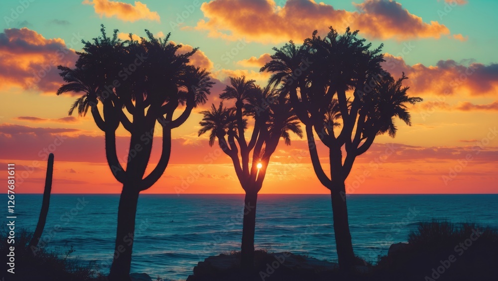 Sticker cactus tree silhouette against vibrant sunset over ocean with empty space for text or graphics