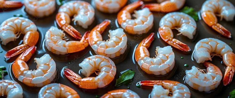 Aufkleber boiled headless shrimp arranged on surface with fresh herbs and space for text or branding elements