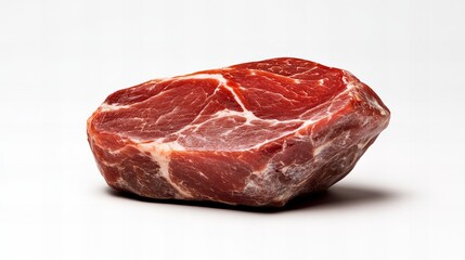 Fototapeta premium Close-up of a raw, marbled cut of beef on a white background. Rich red tones and natural texture are highlighted.