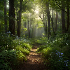  Digital illustration depicting a lush, verdant forest scene. The layout features a narrow dirt path winding through dense foliage, with tall trees on either side. Sunlight filters through the canopy,