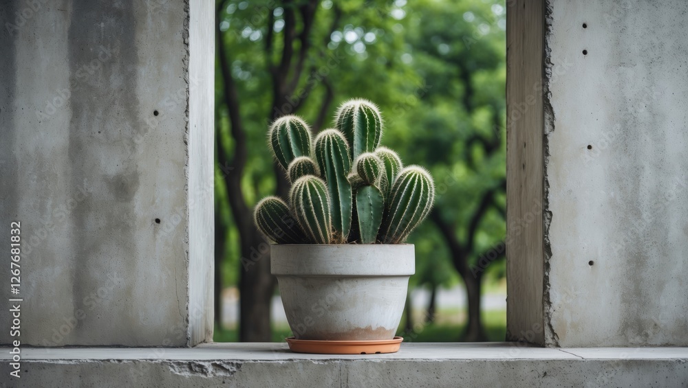 Poster cactus in a white pot framed by concrete walls with greenery in the background creating a serene and
